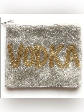🍸NWT “VODKA” Hand Beaded Clutch Pouch Coin Purse Bag Silver & Gold Novelty
